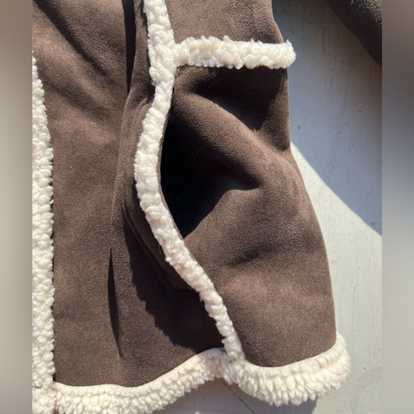 Women's LL Bean Jacket Brown Sherpa M Petite 60s Music BOHO Hippie Almost Famous - Picture 5 of 13